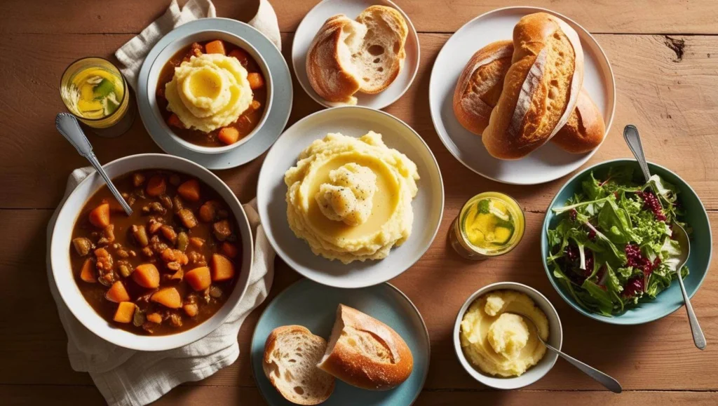 A cozy dinner spread featuring bowls of hearty stew, creamy mashed potatoes, fresh bread, and a green salad on a wooden table.