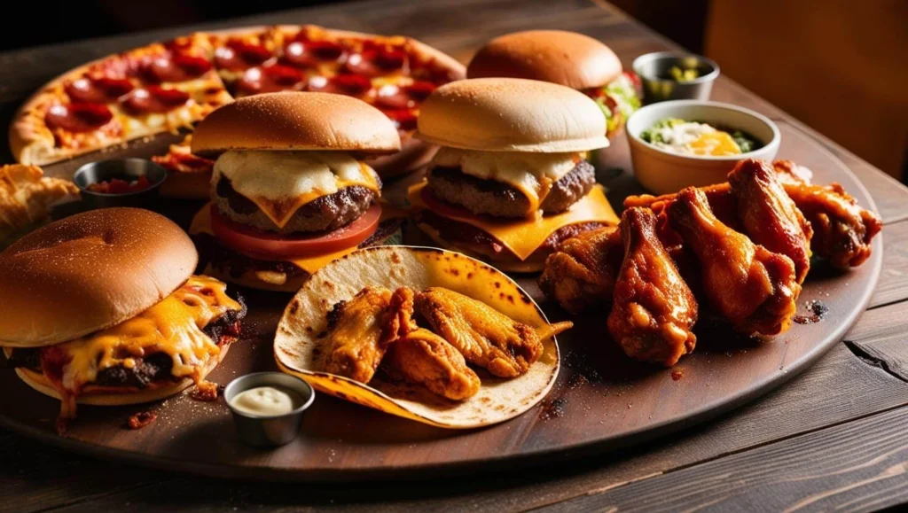 A table filled with late-night food, including pizza, burgers, tacos, and chicken wings, under warm, cozy lighting.