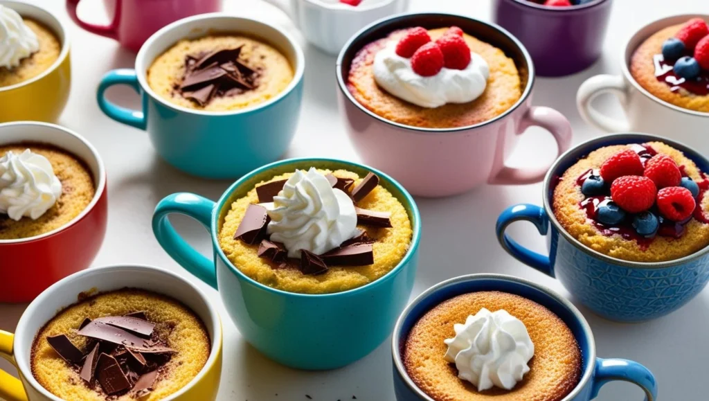 A variety of delicious mug cakes in different mugs, showcasing different flavors and styles