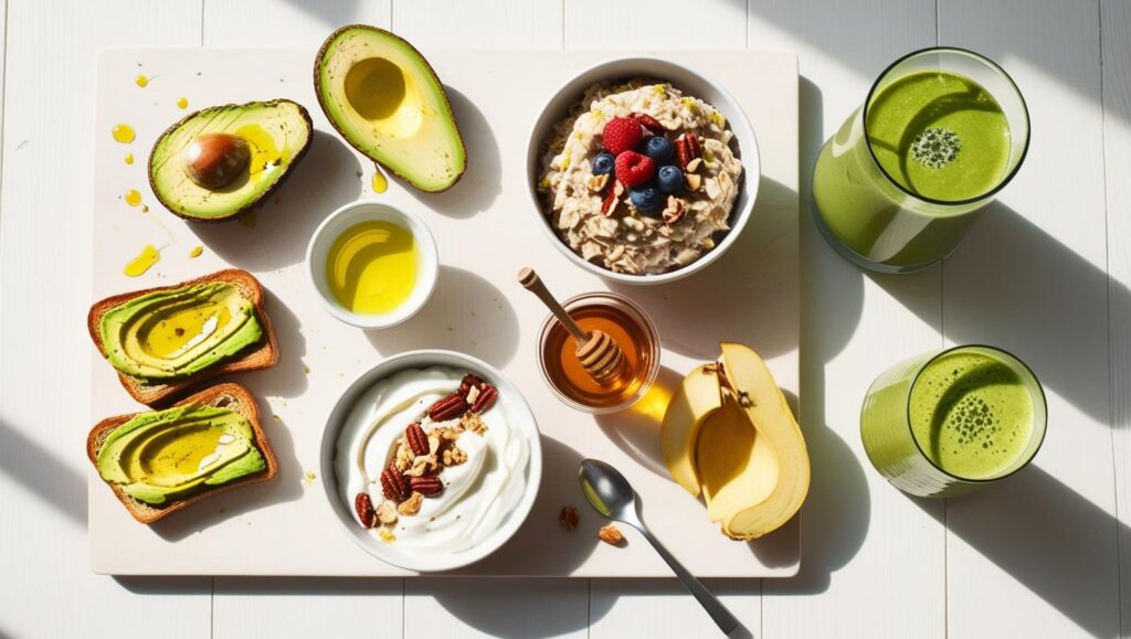 "A variety of healthy, tasty, and fast breakfast options, including avocado toast, oatmeal, yogurt, and smoothies, displayed on a wooden table.