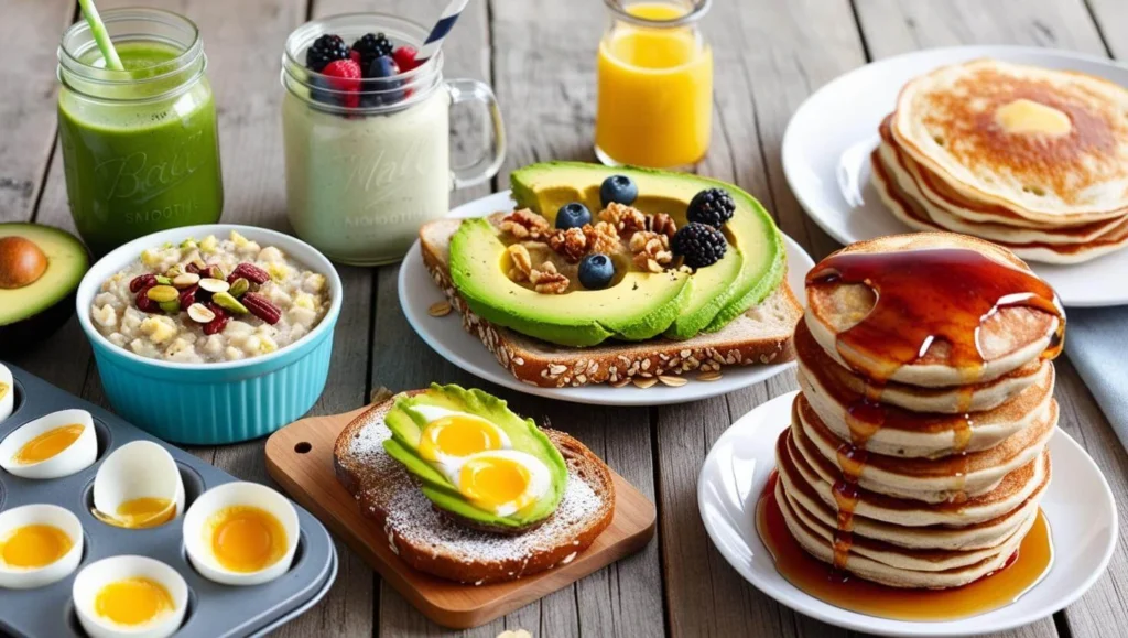 A colorful spread of quick breakfast recipes, including smoothies, oatmeal, egg muffins, and pancakes, perfect for a healthy and fast morning meal.