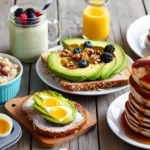 A colorful spread of quick breakfast recipes, including smoothies, oatmeal, egg muffins, and pancakes, perfect for a healthy and fast morning meal.