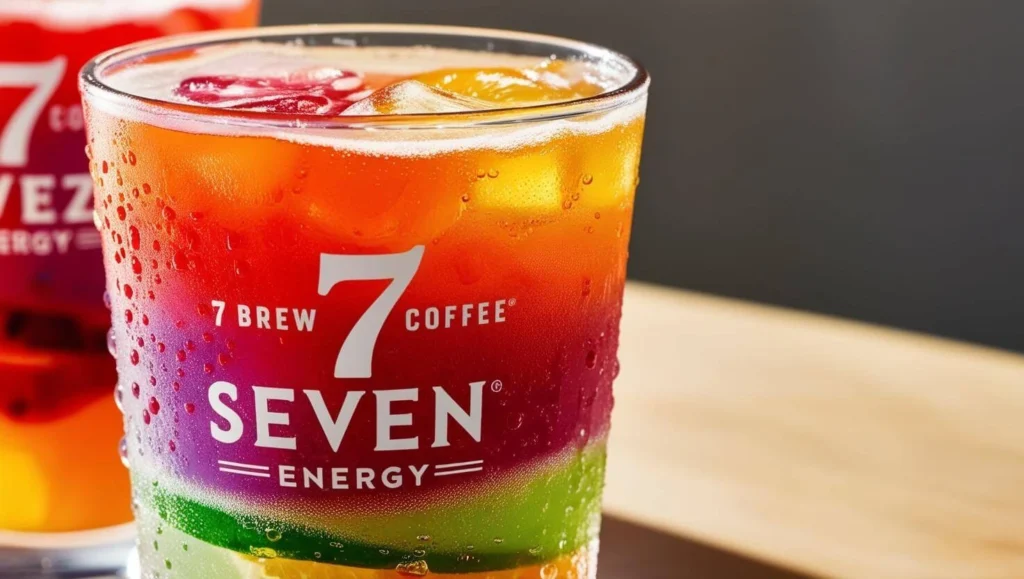 A refreshing Seven Fizz energy drink from 7 Brew Coffee with fruity flavors