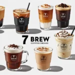 A variety of 7 Brew Coffee drinks, including hot, iced, and blended options