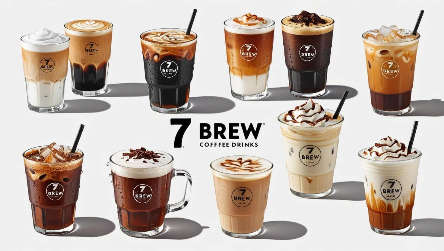 A variety of 7 Brew Coffee drinks, including hot, iced, and blended options