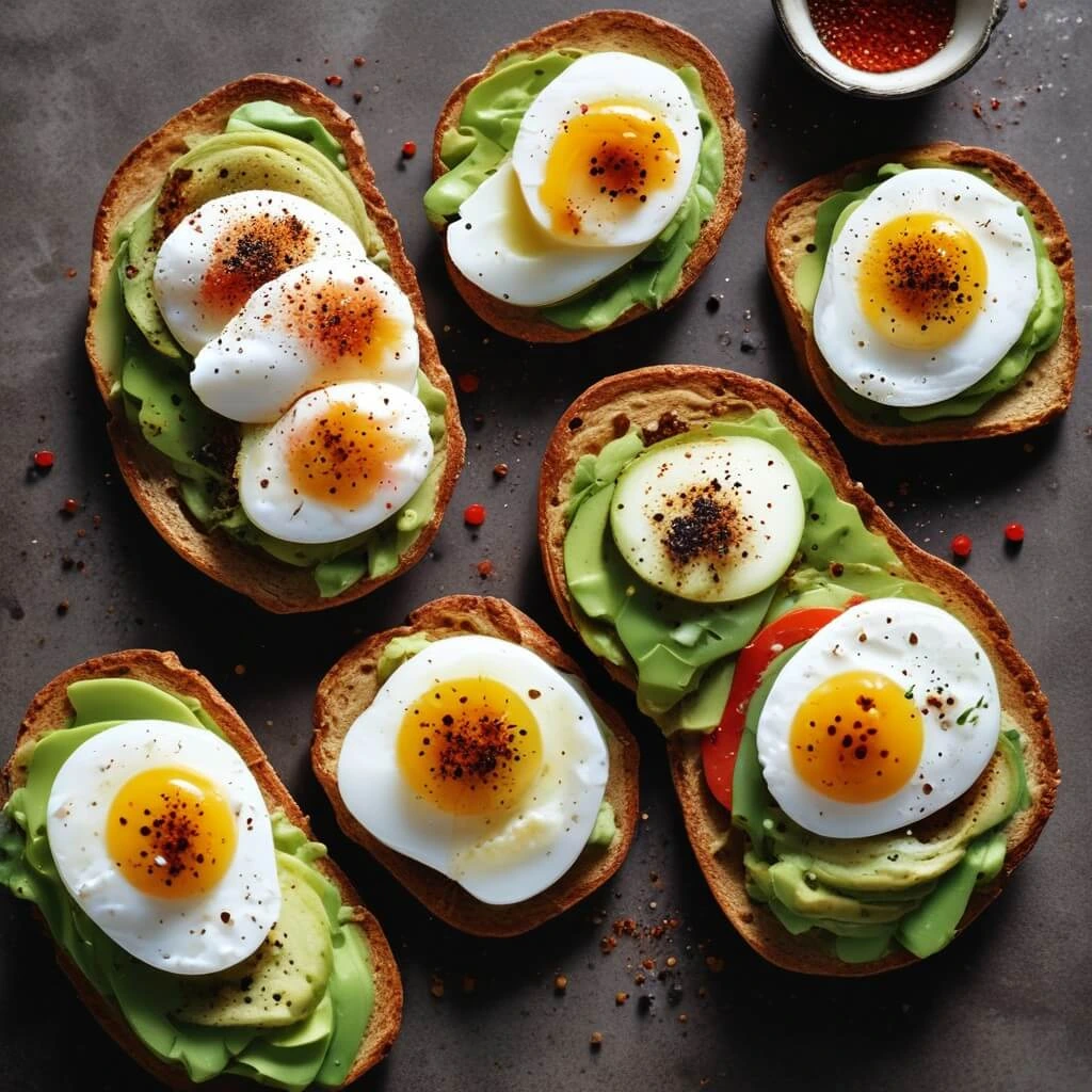 A delicious breakfast featuring avocado toast topped with soft-boiled eggs, sprinkled with seasoning. A perfect egg breakfast idea.