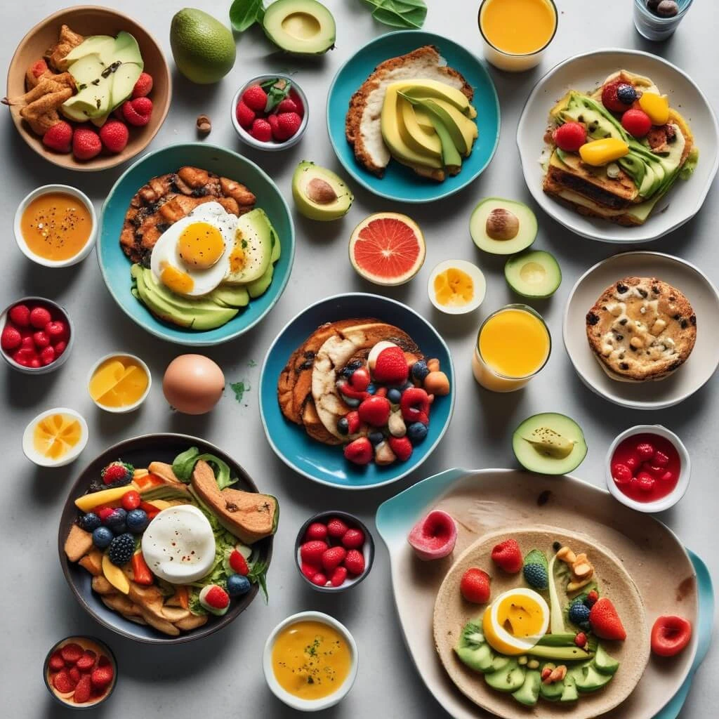 "Healthy breakfast ideas with smoothies, eggs, avocado toast, and fruit bowls on a vibrant breakfast table.