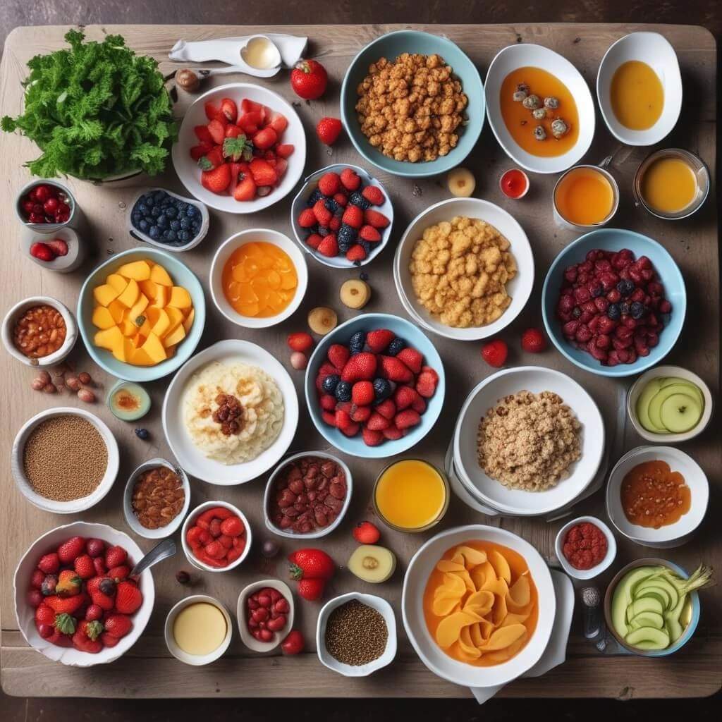 A colorful breakfast table with healthy foods like fruit, oatmeal, toast, and eggs.