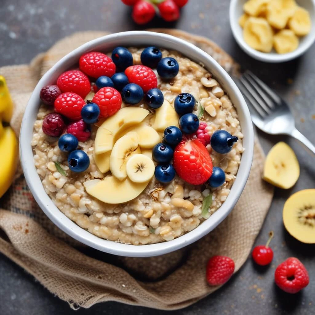 Overnight steel cut oats topped with fresh berries, banana slices, and nuts for a healthy breakfast