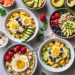 Healthy breakfast options with scrambled eggs, avocado toast, smoothie bowl, and oatmeal with fresh fruits