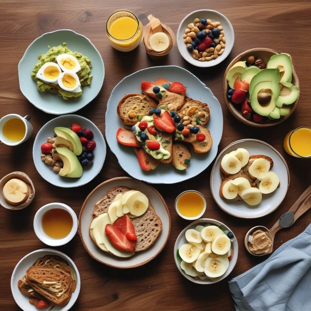 A delicious bread and breakfast spread featuring avocado toast with eggs, whole grain bread with peanut butter and banana, and multigrain slices with honey, cheese, and fresh fruit.