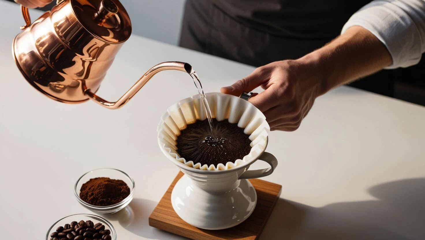 A barista pouring hot water from a gooseneck kettle over freshly ground coffee in a pour-over setup, creating a rich, aromatic brew.