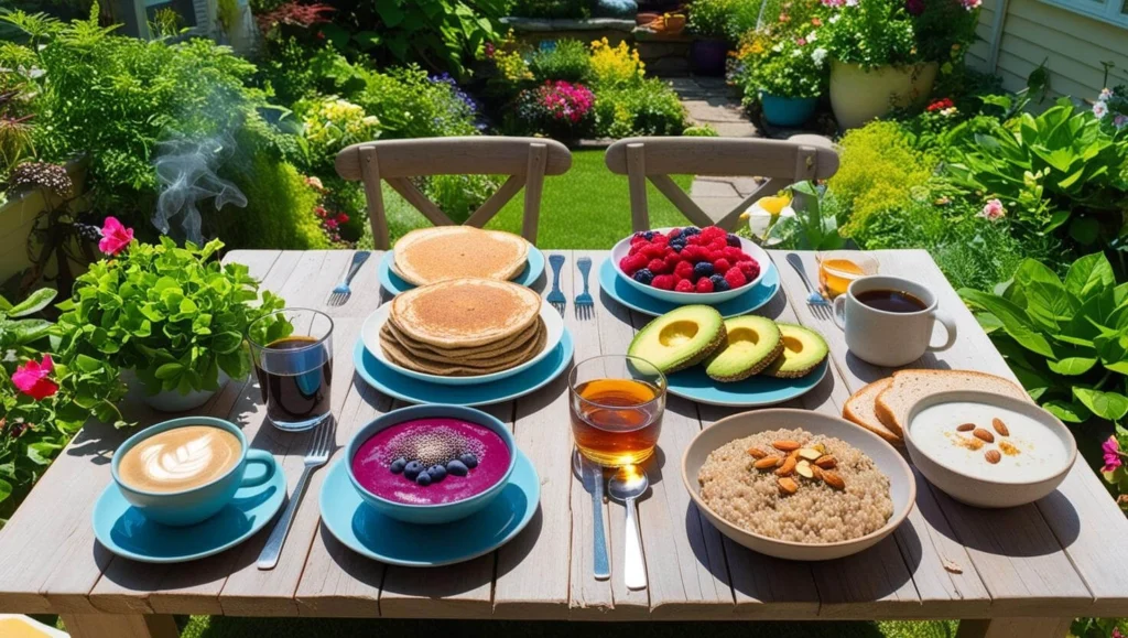 Gluten-free breakfast spread on a table in a home garden, featuring smoothie bowls, buckwheat pancakes, avocado toast, and quinoa porridge.