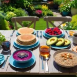 Gluten-free breakfast spread on a table in a home garden, featuring smoothie bowls, buckwheat pancakes, avocado toast, and quinoa porridge.