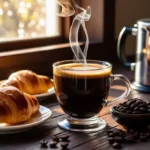 Freshly brewed morning coffee with a croissant on a wooden table in natural sunlight.