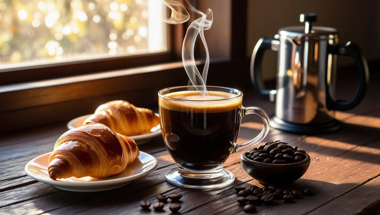 Freshly brewed morning coffee with a croissant on a wooden table in natural sunlight.